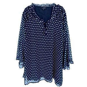 Suzanne Betro 4X NAVY White Polka Dot Ruffle Neck 3/4 Sleeve Top Tunic Blouse